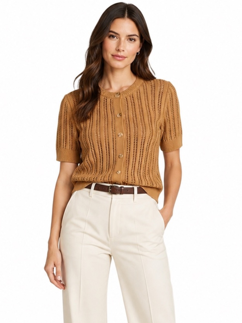 DKNY Jeans 100% Cotton Pointelle Knit Cardigan Sweater NWT Camel‎ Short Sleeve S